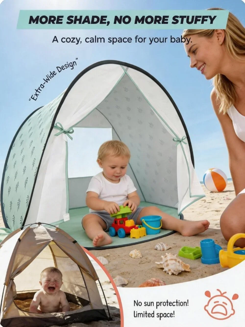 Baby Beach Tent Pop Up Mint Green UPF 50+ Portable Sun Shade Shelter